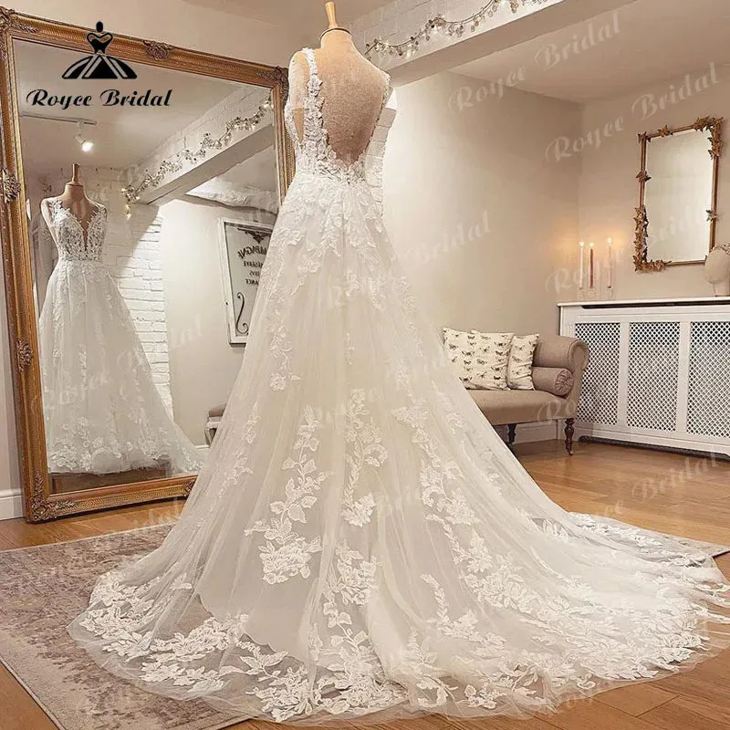 V Neck Wedding Dress Lace Applique Blush Pink Backless Bridal Gown