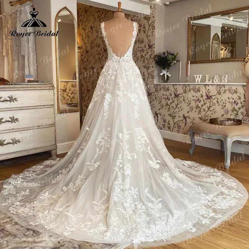 V Neck Wedding Dress Lace Applique Blush Pink Backless Bridal Gown