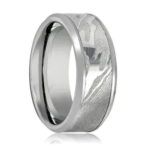 VESPER | Silver Tungsten Ring, Mokume Gane, Wood Grain Pattern, Beveled Edge