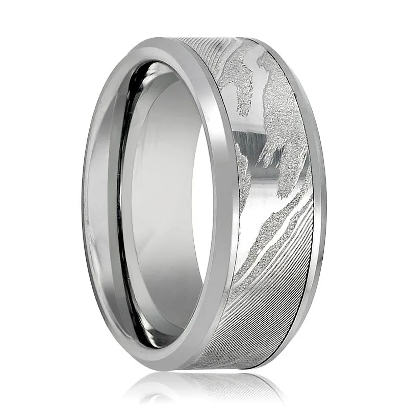 VESPER | Silver Tungsten Ring, Mokume Gane, Wood Grain Pattern, Beveled Edge