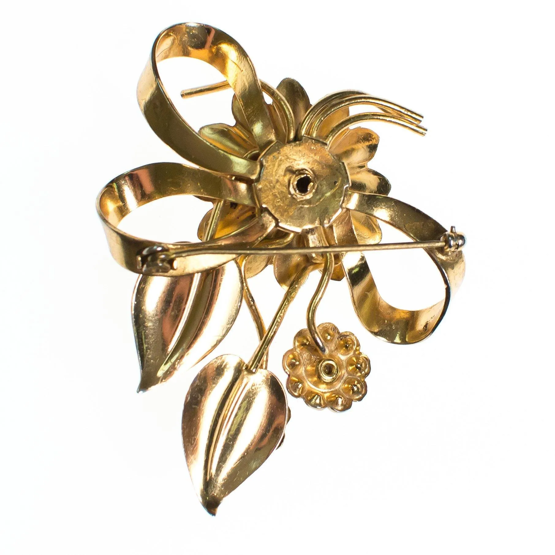 Vintage 1940s Floral Bouquet Brooch with Diamante Crystal Rhinestones, Gold Flower Pin
