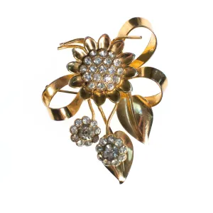 Vintage 1940s Floral Bouquet Brooch with Diamante Crystal Rhinestones, Gold Flower Pin