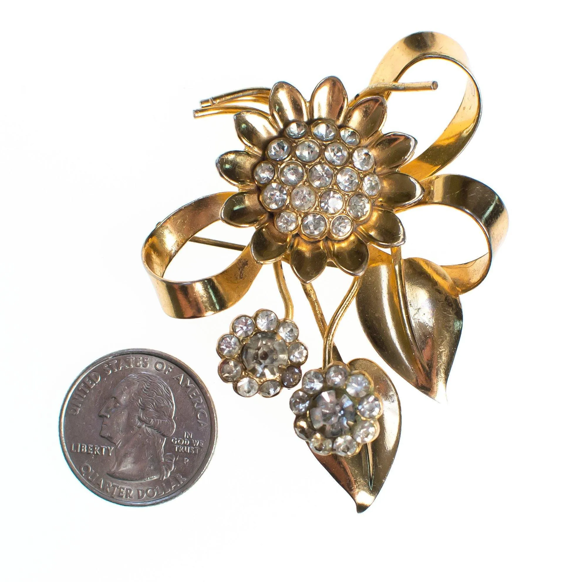 Vintage 1940s Floral Bouquet Brooch with Diamante Crystal Rhinestones, Gold Flower Pin