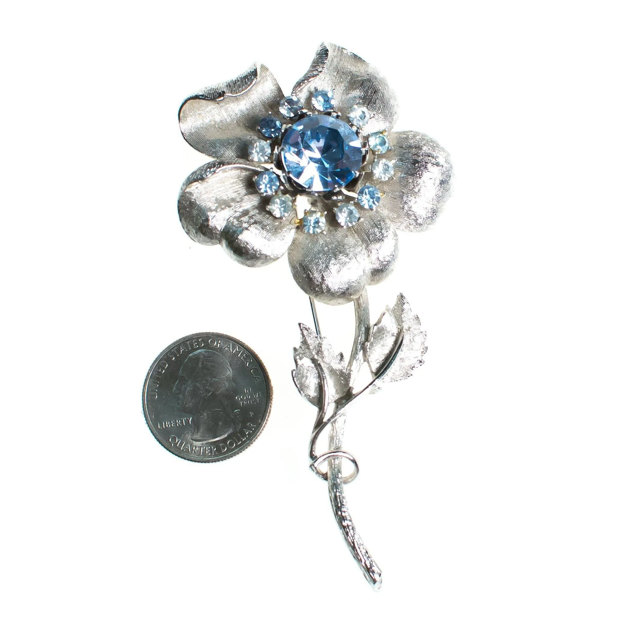 Vintage 1950s Coro Silver Flower Brooch with Light Blue Rhinestones, Silver Tone Setting, Brooches and Pins