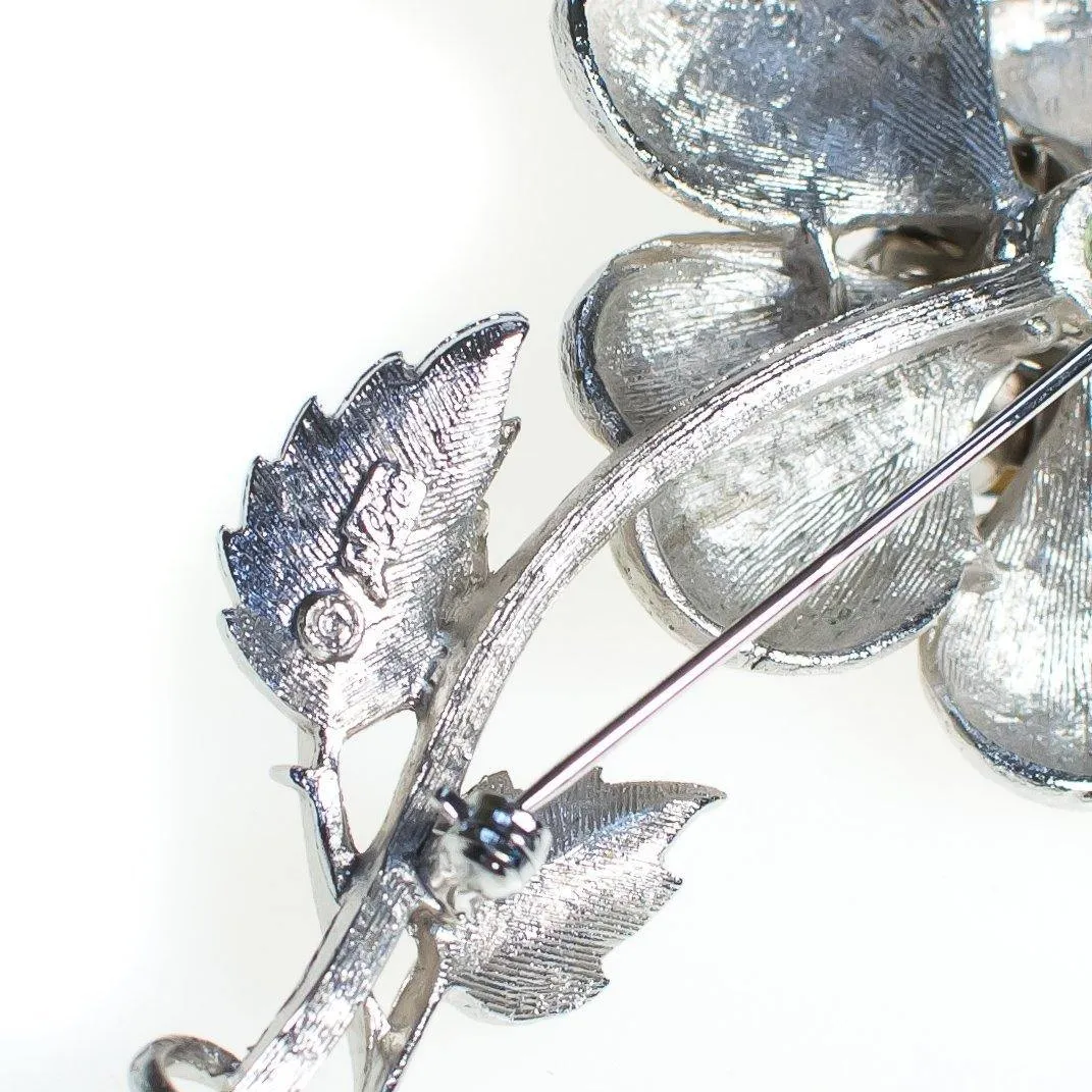 Vintage 1950s Coro Silver Flower Brooch with Light Blue Rhinestones, Silver Tone Setting, Brooches and Pins