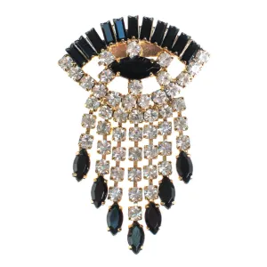 Vintage 1960s Clear Diamante and Jet Black Evil Eye Rhinestone Brooch with Dangles