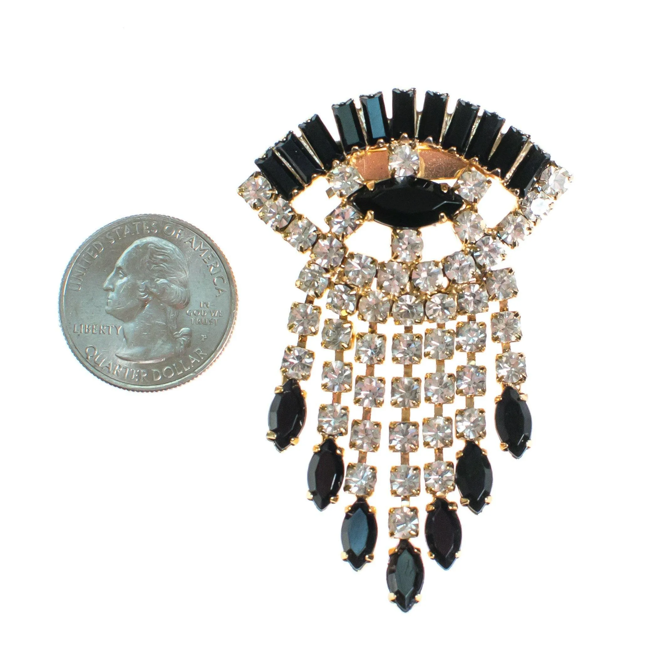 Vintage 1960s Clear Diamante and Jet Black Evil Eye Rhinestone Brooch with Dangles