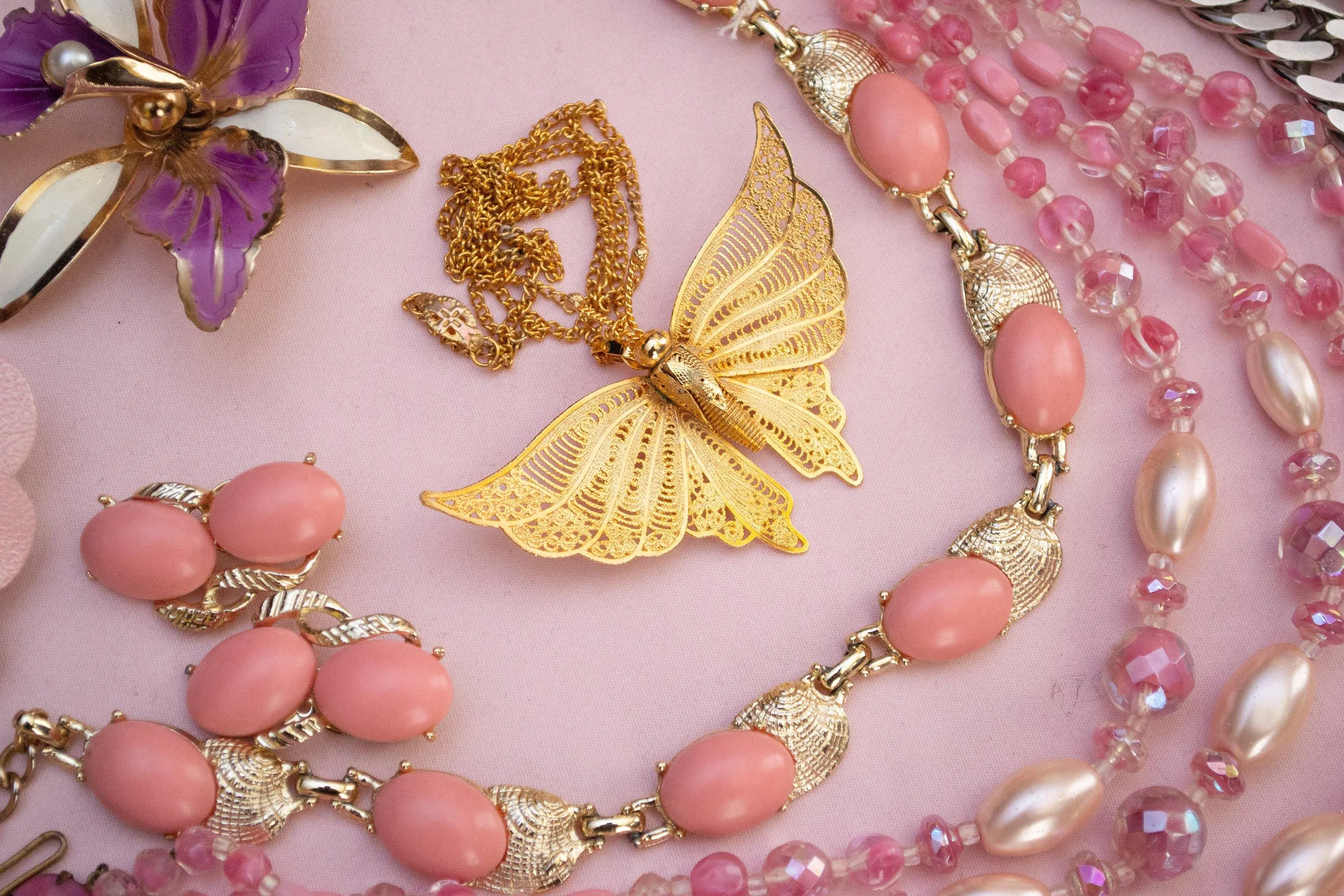 Vintage 1970s Gold Filigree Butterfly Statement Necklace, Pendant, Brooch, Gold Tone Setting, Brooches and Pins, Slide Lock Clasp