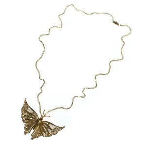 Vintage 1970s Gold Filigree Butterfly Statement Necklace, Pendant, Brooch, Gold Tone Setting, Brooches and Pins, Slide Lock Clasp
