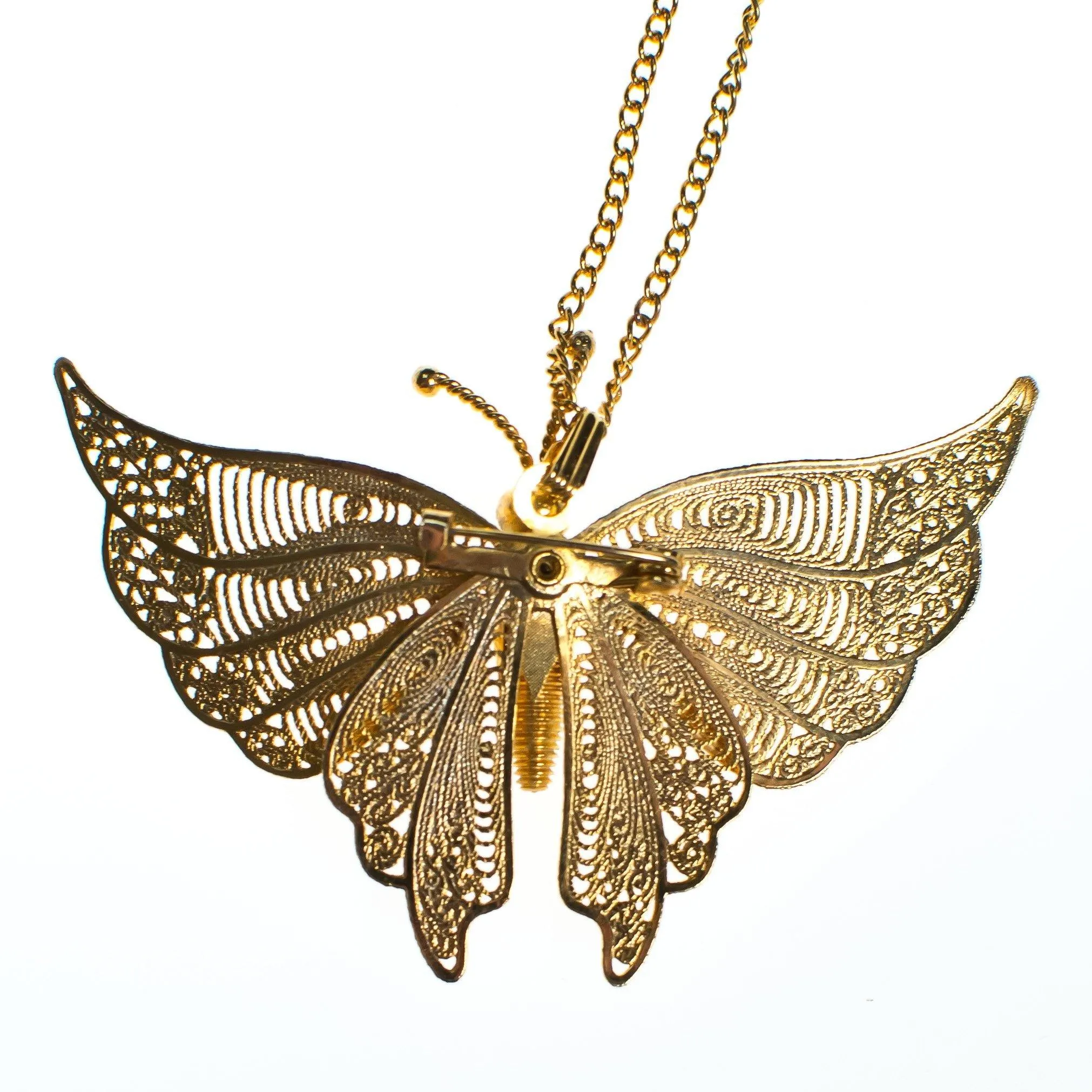 Vintage 1970s Gold Filigree Butterfly Statement Necklace, Pendant, Brooch, Gold Tone Setting, Brooches and Pins, Slide Lock Clasp