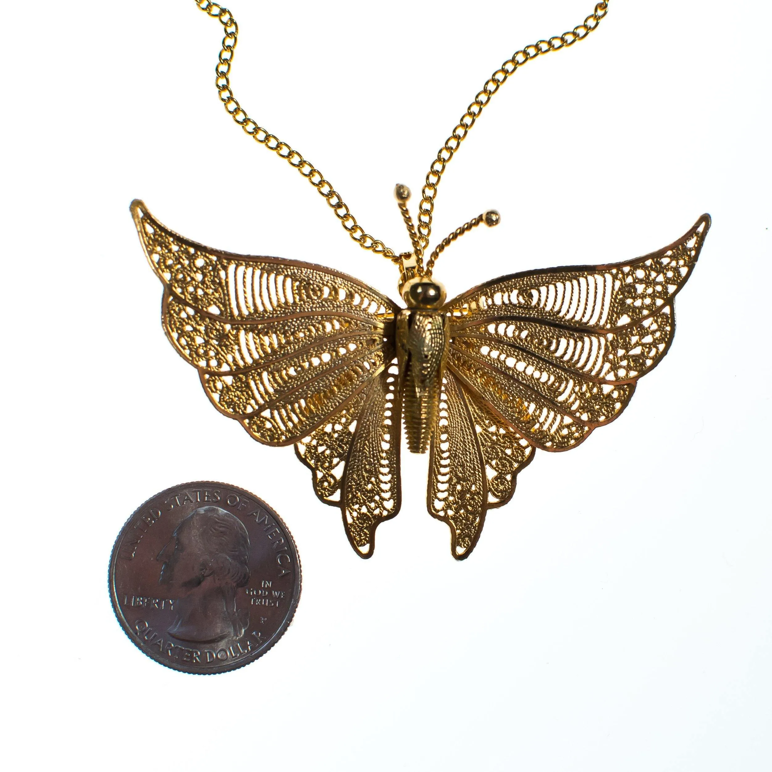 Vintage 1970s Gold Filigree Butterfly Statement Necklace, Pendant, Brooch, Gold Tone Setting, Brooches and Pins, Slide Lock Clasp