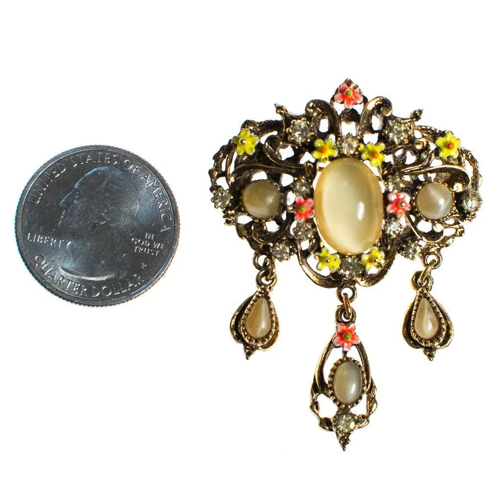 Vintage ART Signed Yellow Cats Eye Cabochon and Amber Rhinestone Dangling Charm Brooch with Orange and Yellow Painted Enamel Daisies