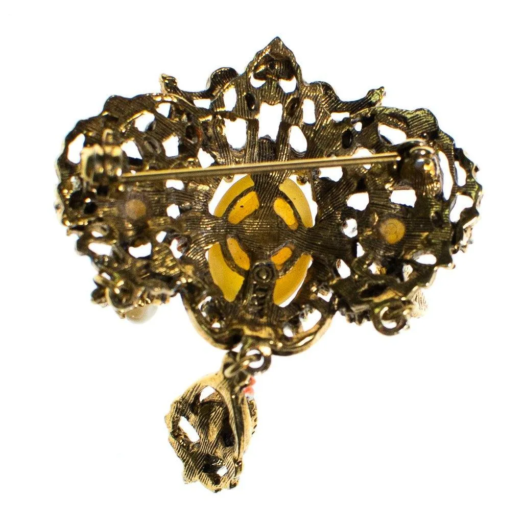 Vintage ART Signed Yellow Cats Eye Cabochon and Amber Rhinestone Dangling Charm Brooch with Orange and Yellow Painted Enamel Daisies