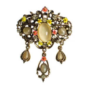 Vintage ART Signed Yellow Cats Eye Cabochon and Amber Rhinestone Dangling Charm Brooch with Orange and Yellow Painted Enamel Daisies