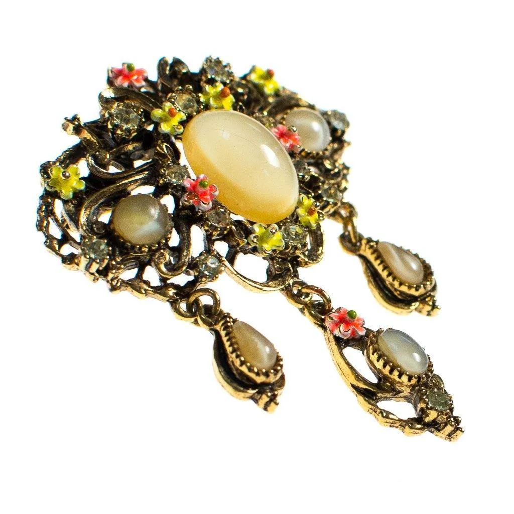 Vintage ART Signed Yellow Cats Eye Cabochon and Amber Rhinestone Dangling Charm Brooch with Orange and Yellow Painted Enamel Daisies