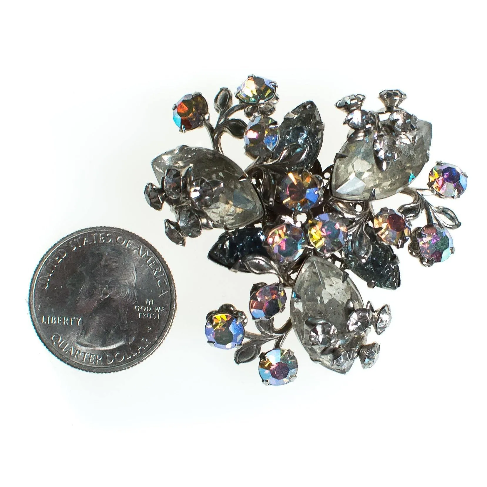 Vintage Black Diamond Smoke Gray Rhinestone Brooch, Diamante and Aurora Borealis Crystals, Brooches and Pins