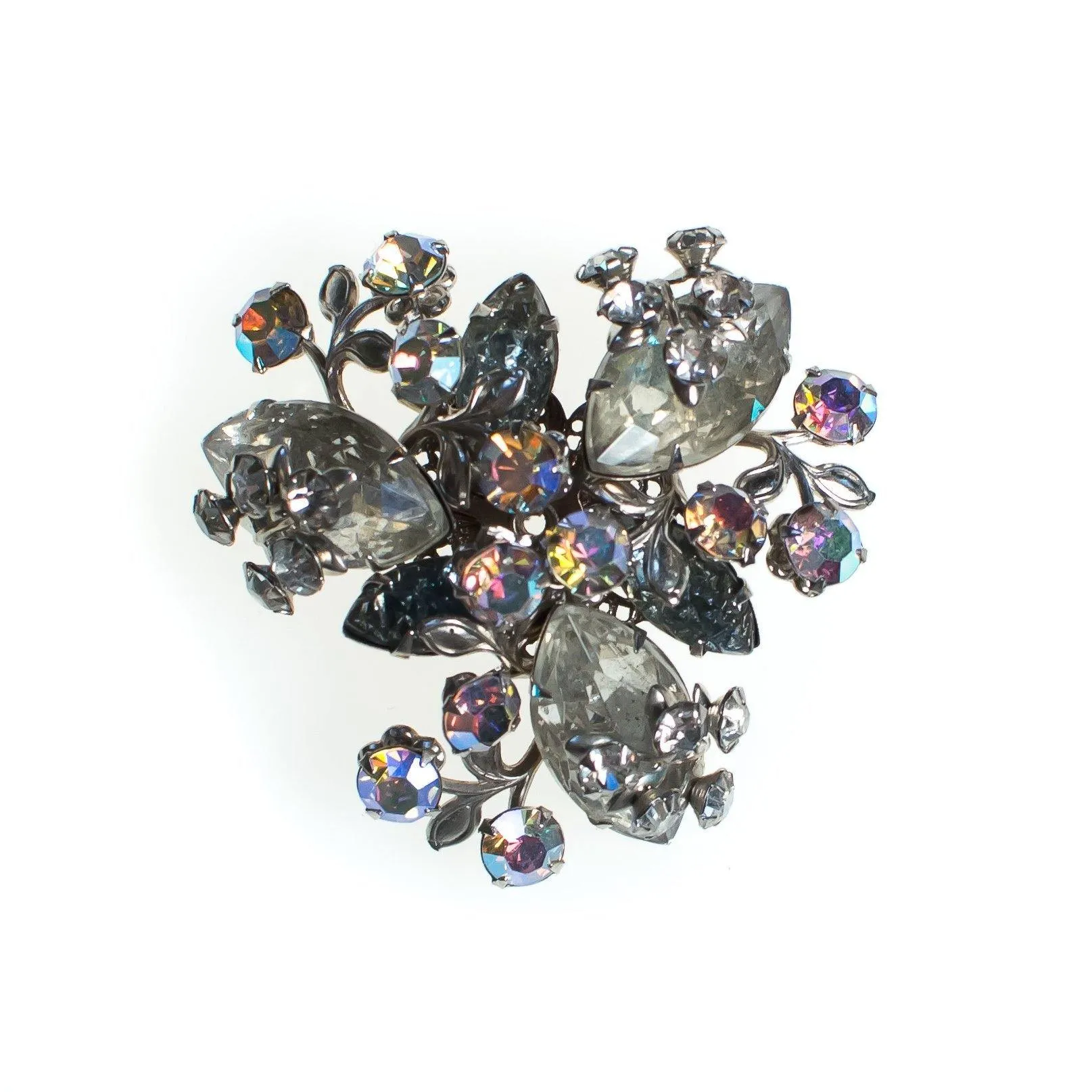 Vintage Black Diamond Smoke Gray Rhinestone Brooch, Diamante and Aurora Borealis Crystals, Brooches and Pins