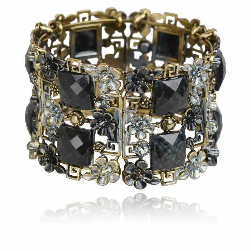 Vintage Bracelet Cuff Women Retro Copper Floral Lucite Resin Enamel Bracelet Rhinestone Crystal Wide Cuff Bracelet Bangle Bijoux