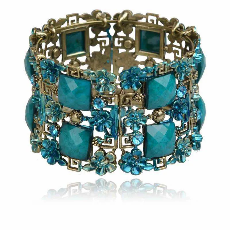 Vintage Bracelet Cuff Women Retro Copper Floral Lucite Resin Enamel Bracelet Rhinestone Crystal Wide Cuff Bracelet Bangle Bijoux