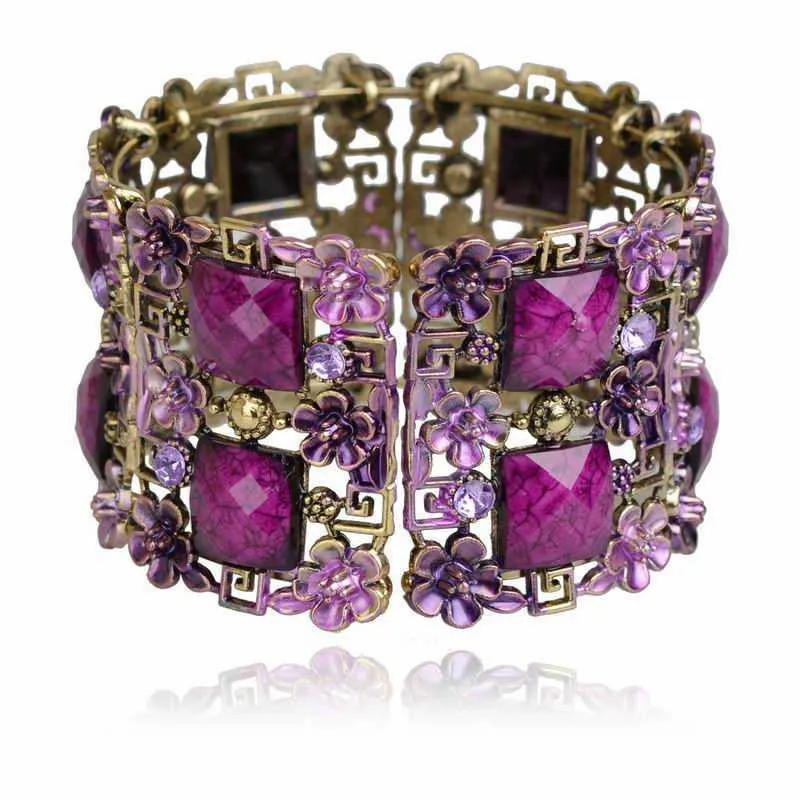 Vintage Bracelet Cuff Women Retro Copper Floral Lucite Resin Enamel Bracelet Rhinestone Crystal Wide Cuff Bracelet Bangle Bijoux