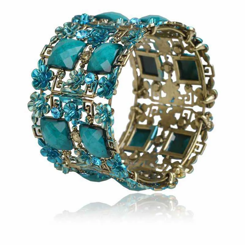 Vintage Bracelet Cuff Women Retro Copper Floral Lucite Resin Enamel Bracelet Rhinestone Crystal Wide Cuff Bracelet Bangle Bijoux