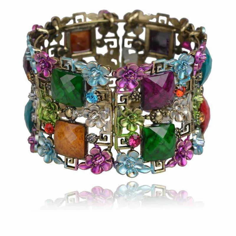 Vintage Bracelet Cuff Women Retro Copper Floral Lucite Resin Enamel Bracelet Rhinestone Crystal Wide Cuff Bracelet Bangle Bijoux