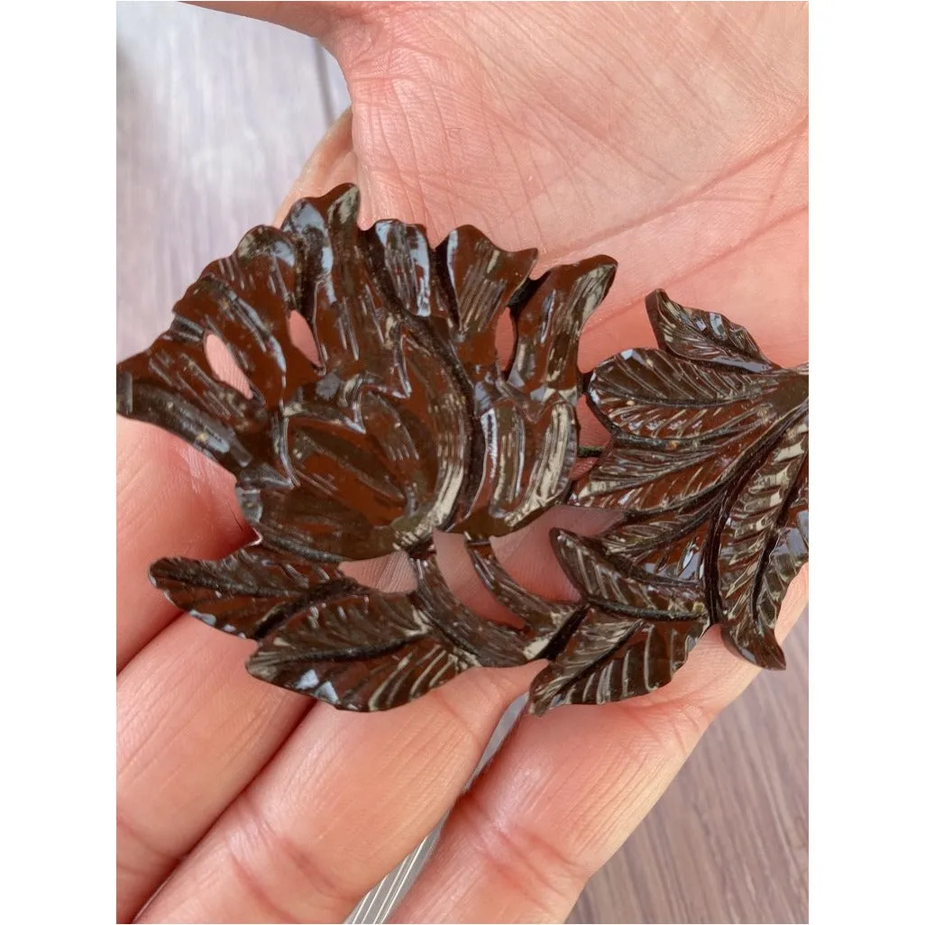 Vintage Carved Celluloid Brooch Unusual Brown Flower 1930s