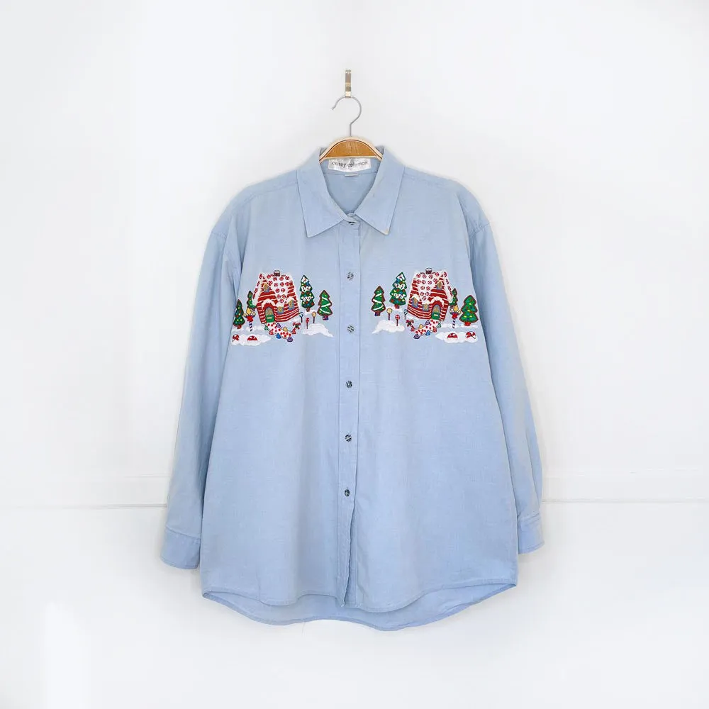 vintage casey coleman embroidered gingerbread house shirt