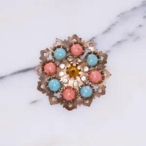 Vintage Coral Turquoise Art Glass Cabochon and Rhinestone Brooch Set in Rose Gold Tone