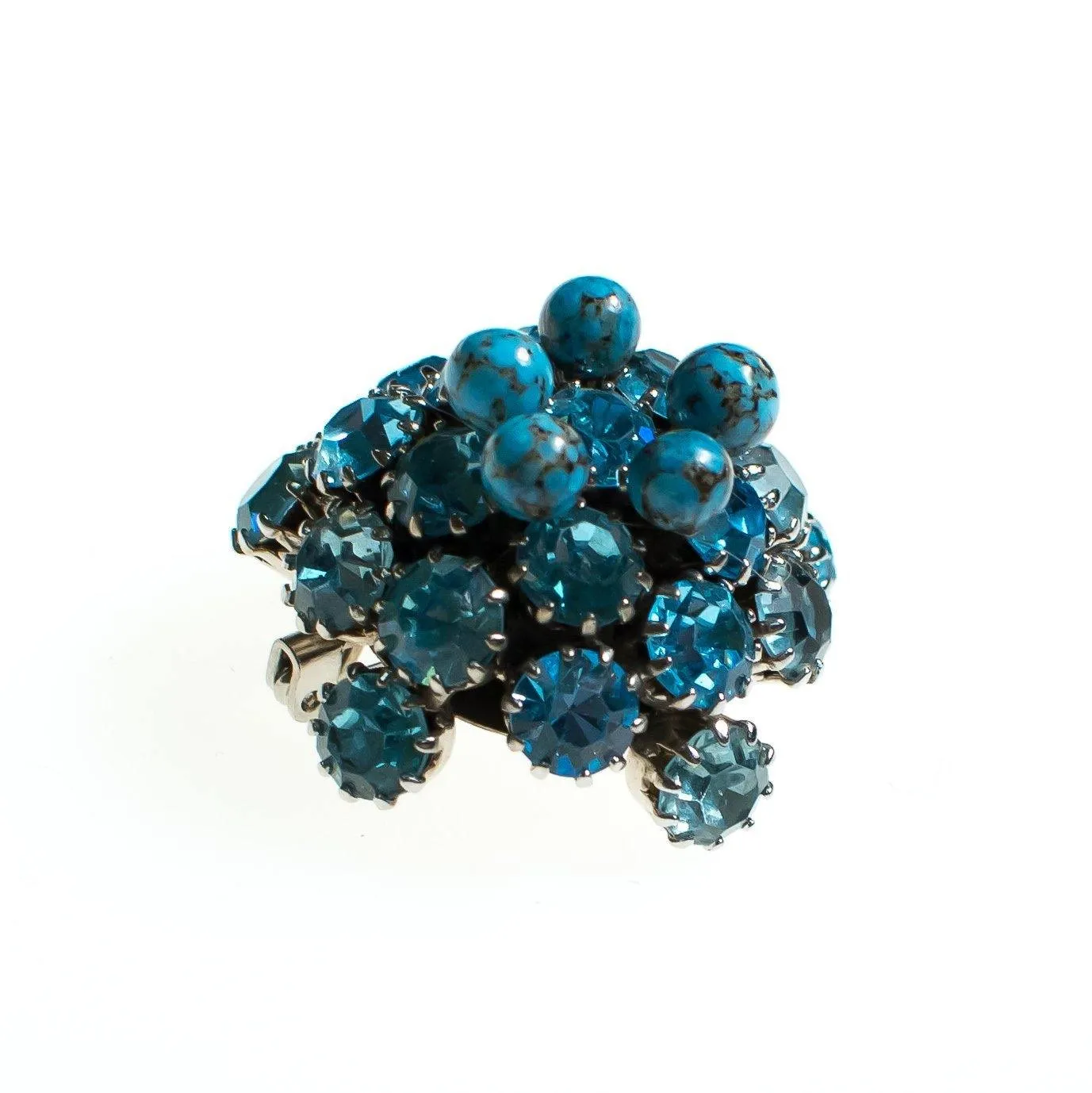 Vintage Domed Round Blue Rhinestone Brooch, Turquoise Art Glass Cabochons, Silver Tone Setting
