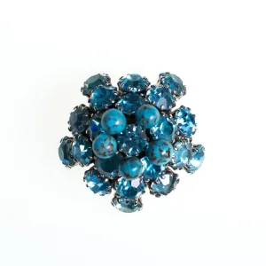 Vintage Domed Round Blue Rhinestone Brooch, Turquoise Art Glass Cabochons, Silver Tone Setting