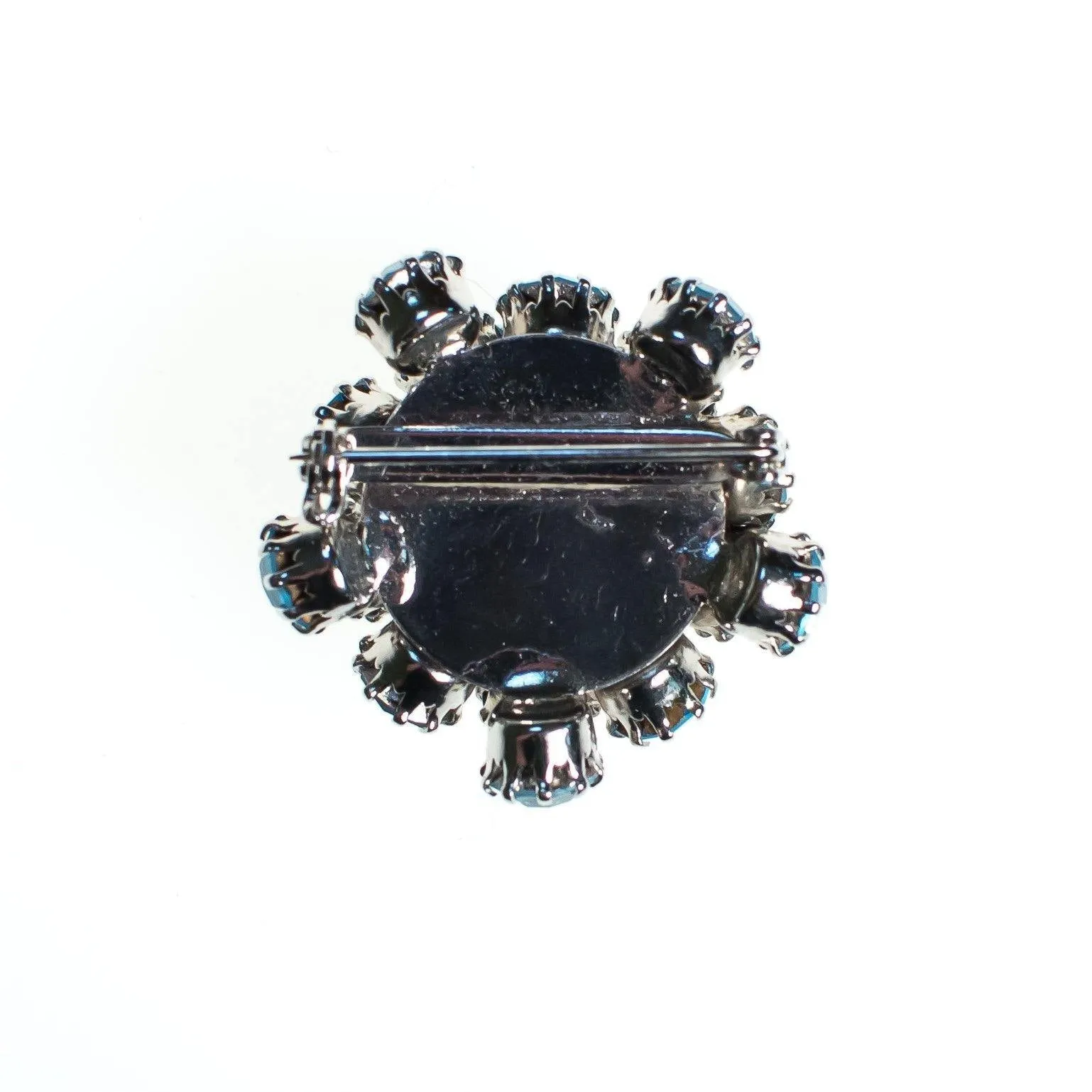 Vintage Domed Round Blue Rhinestone Brooch, Turquoise Art Glass Cabochons, Silver Tone Setting