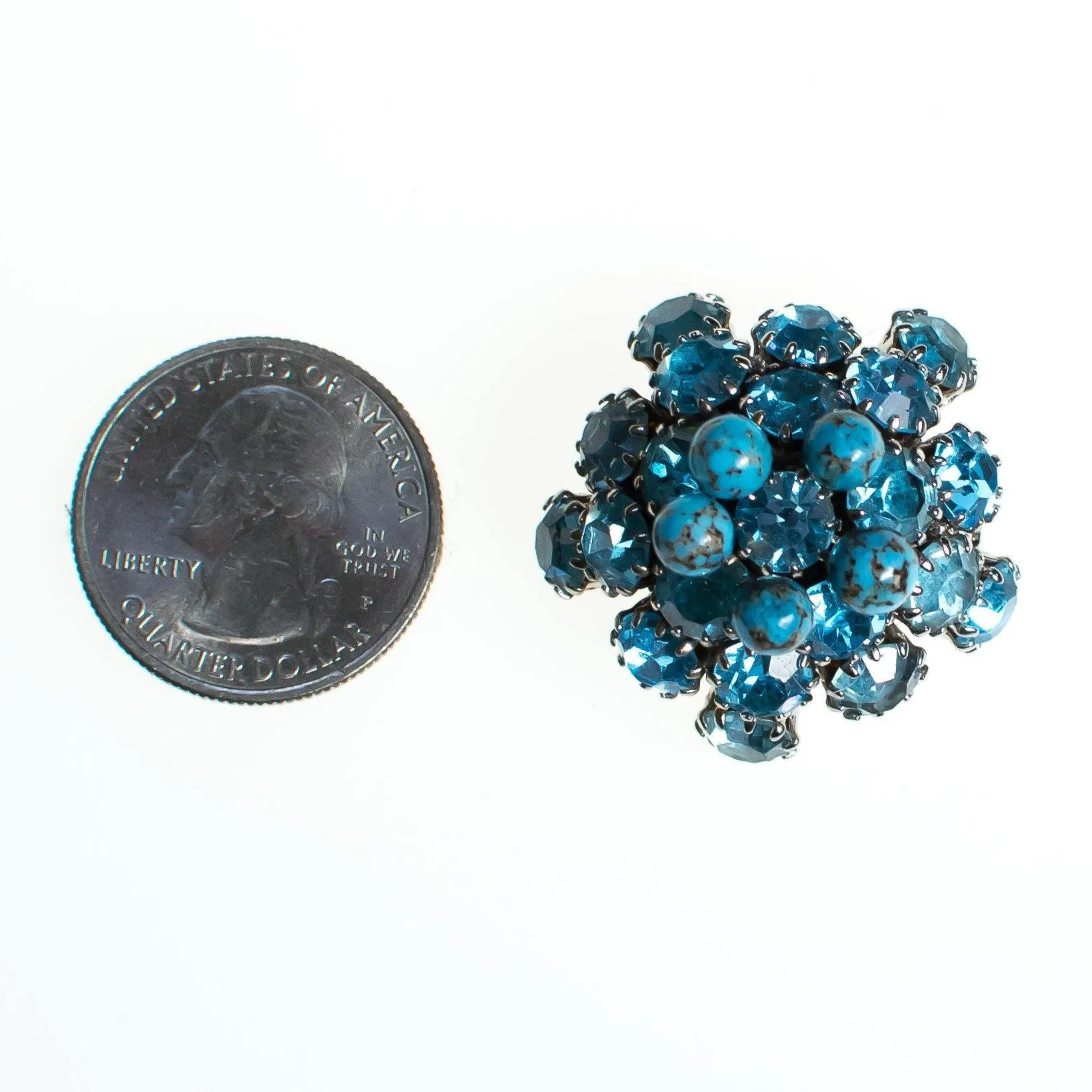 Vintage Domed Round Blue Rhinestone Brooch, Turquoise Art Glass Cabochons, Silver Tone Setting