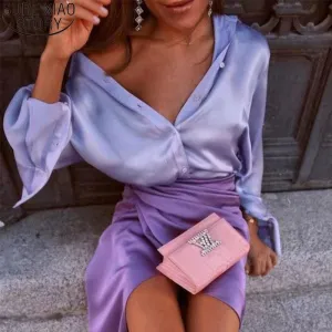 Vintage Elegant Satin Blouse - Solid Color with Long Sleeves and Stylish Design