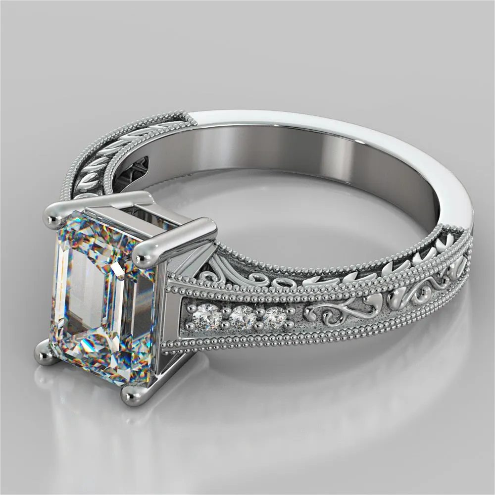 Vintage Emerald Cut Tapered Filigree Wedding Set