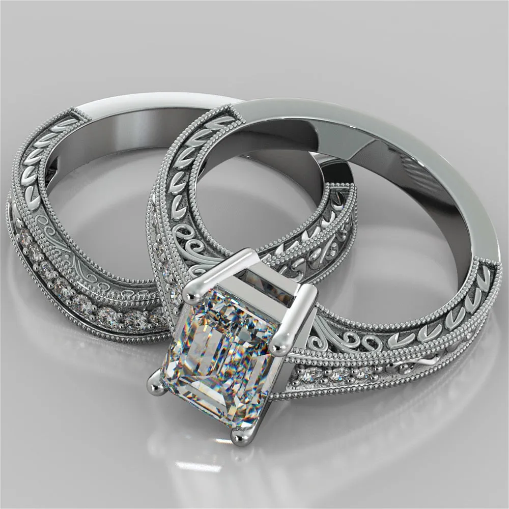 Vintage Emerald Cut Tapered Filigree Wedding Set