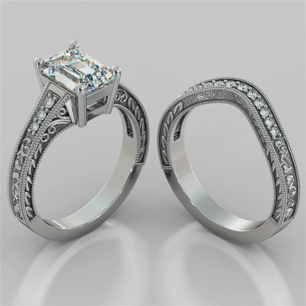 Vintage Emerald Cut Tapered Filigree Wedding Set