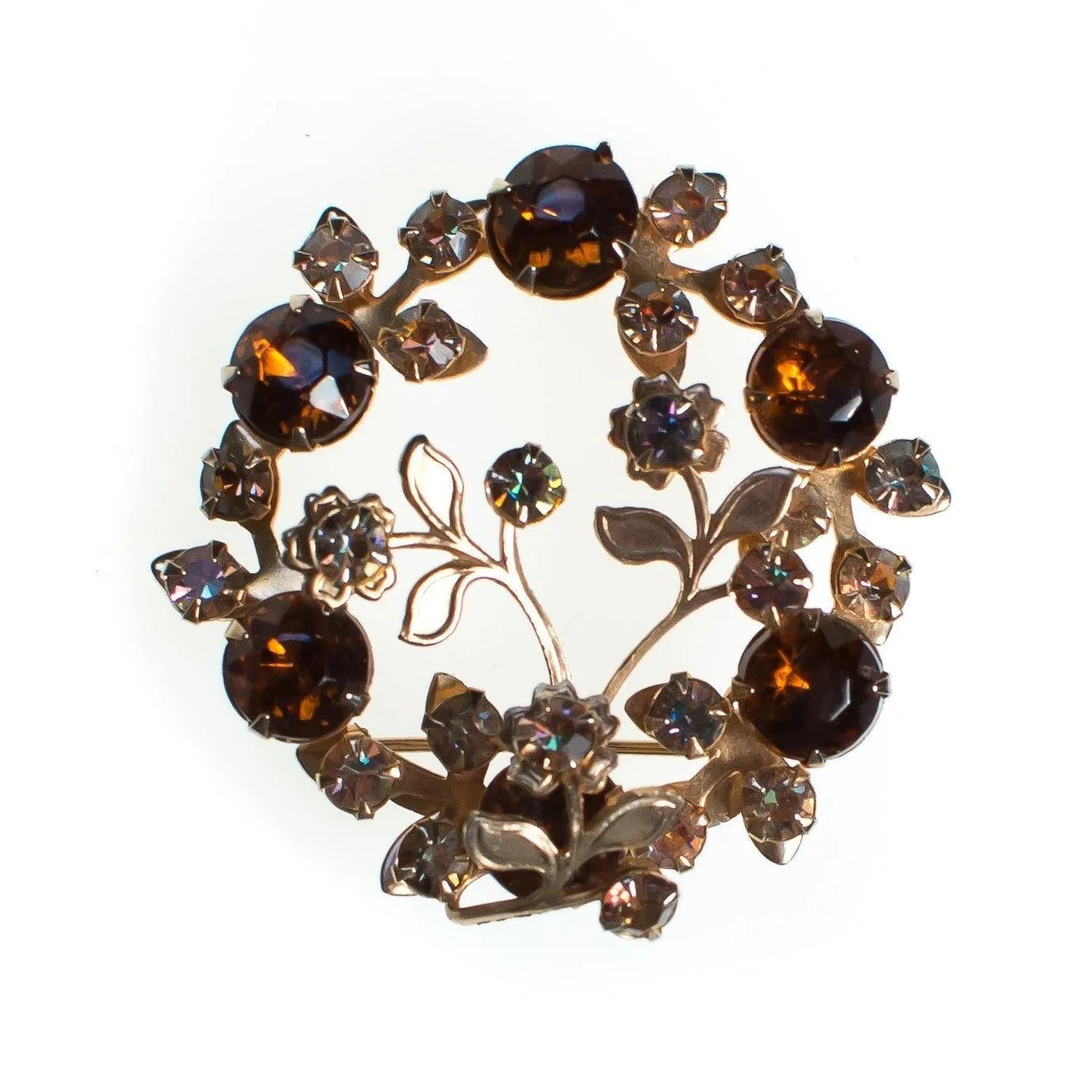 Vintage Floral Rhinestone Brooch, Brown Rhinestones, Gold Tone Brooch, Brooches and Pins