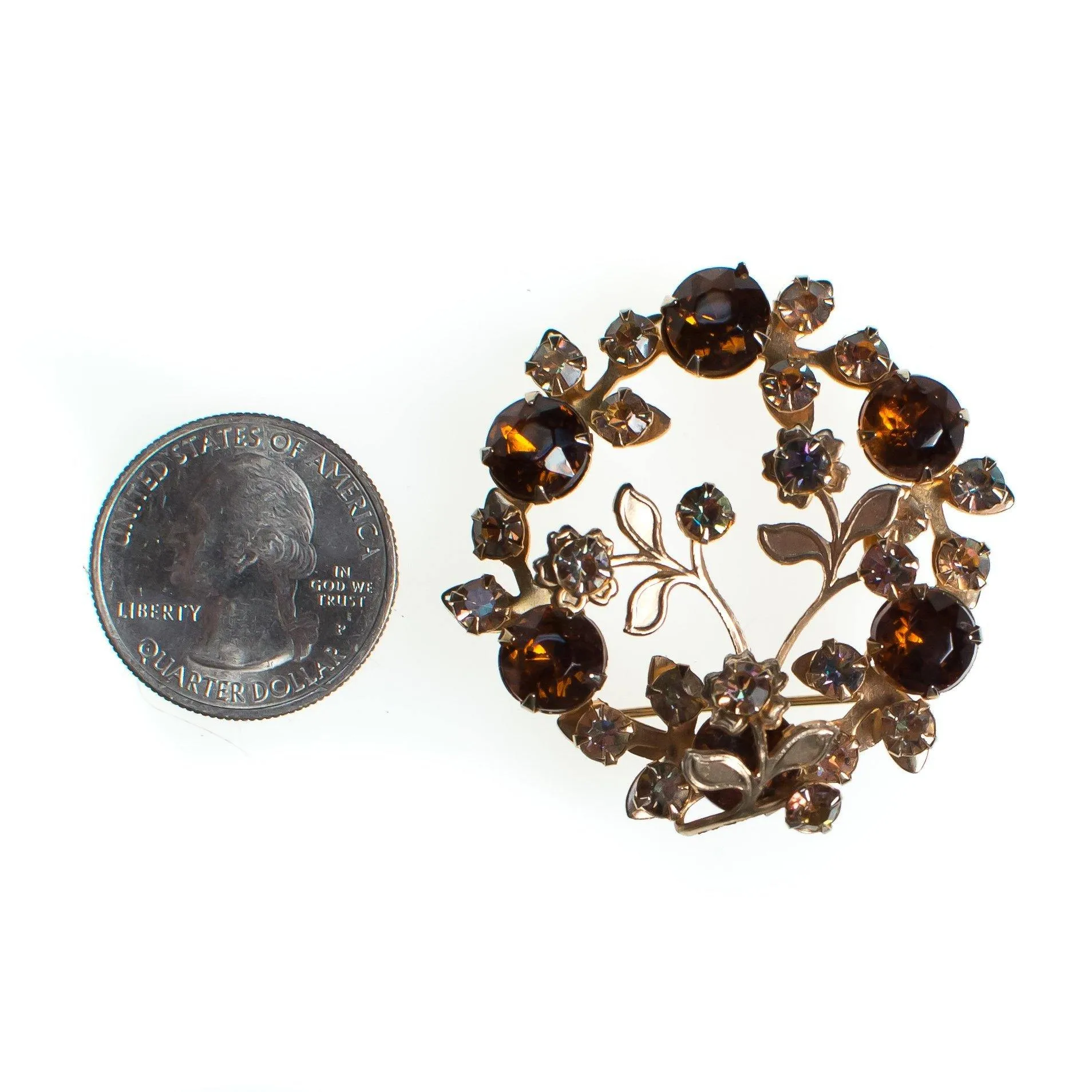 Vintage Floral Rhinestone Brooch, Brown Rhinestones, Gold Tone Brooch, Brooches and Pins