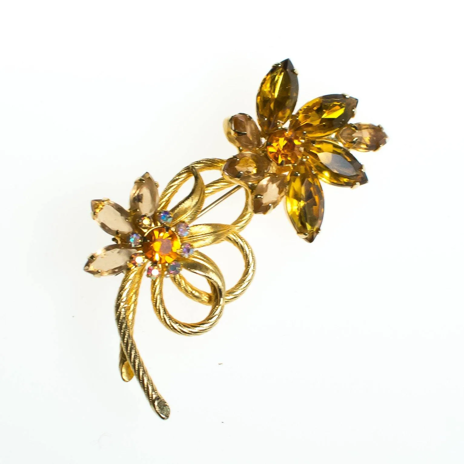 Vintage Flower Brooch, Gold Tone Brooch, Amber, Yellow Citrine, Golden Brown Rhinestones, Rainbow Iridescent Rhinestones, Brooches and Pins