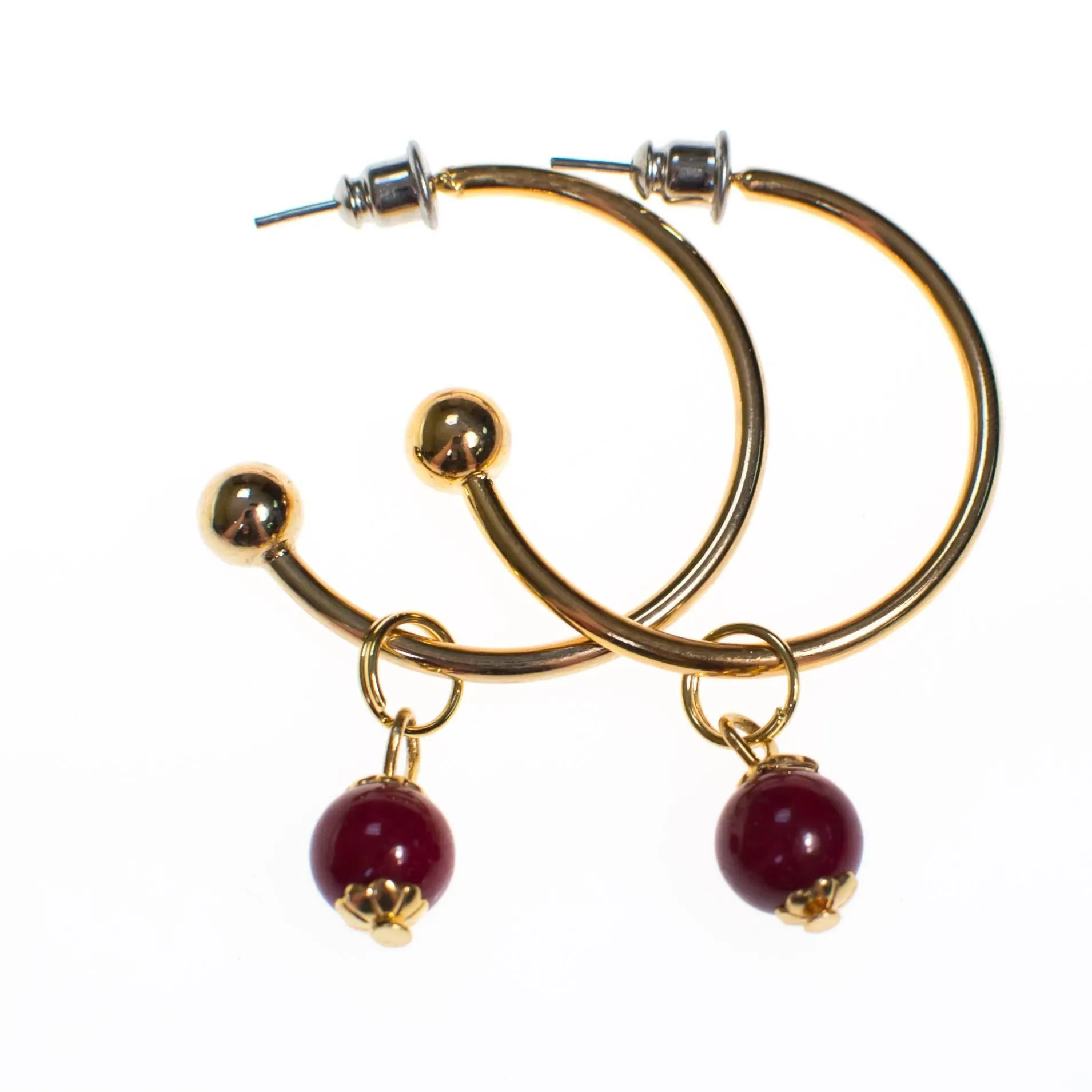 Vintage Gold Hoop with Red Agate Bead