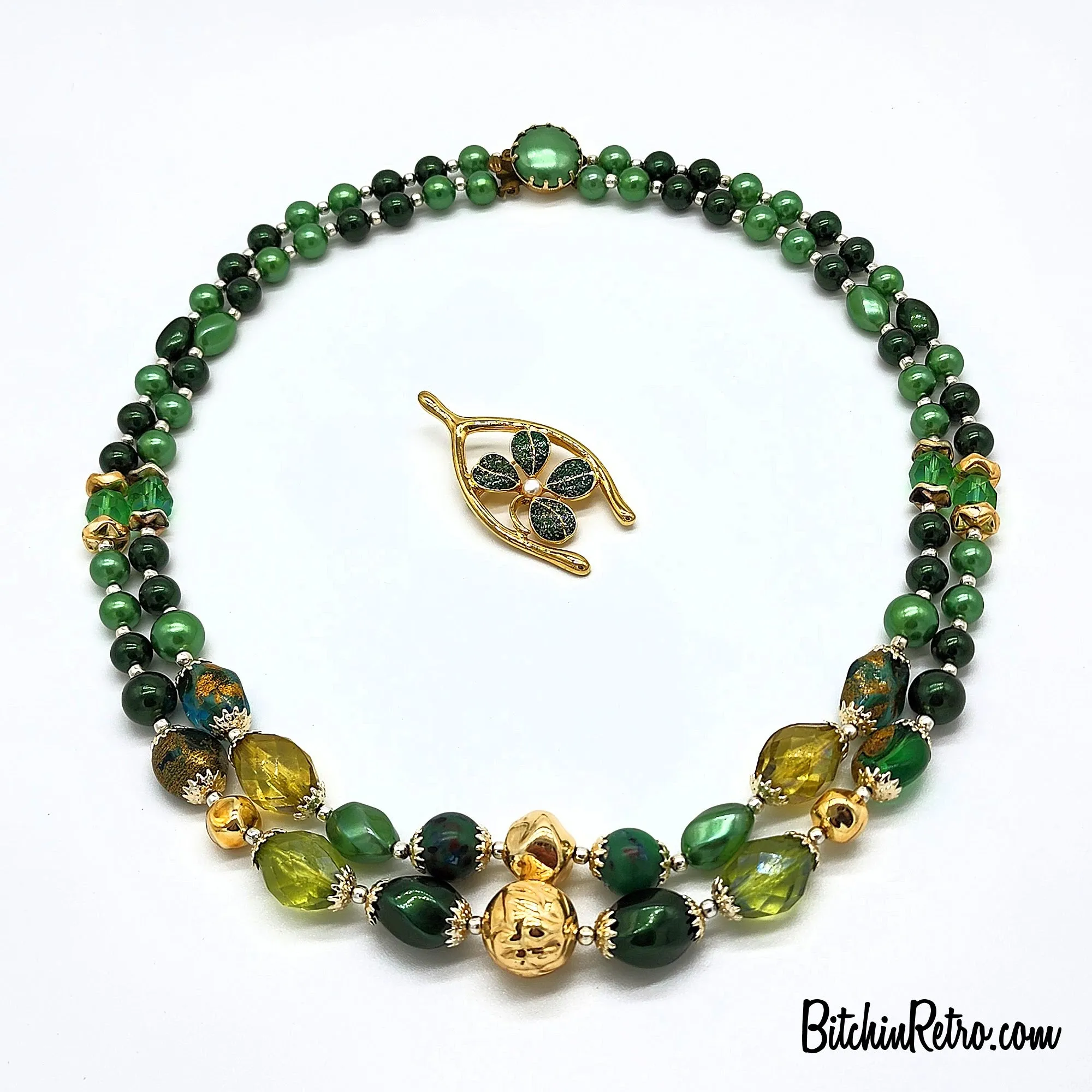Vintage Japan Beaded Necklace with JJI Lucky Shamrock Brooch