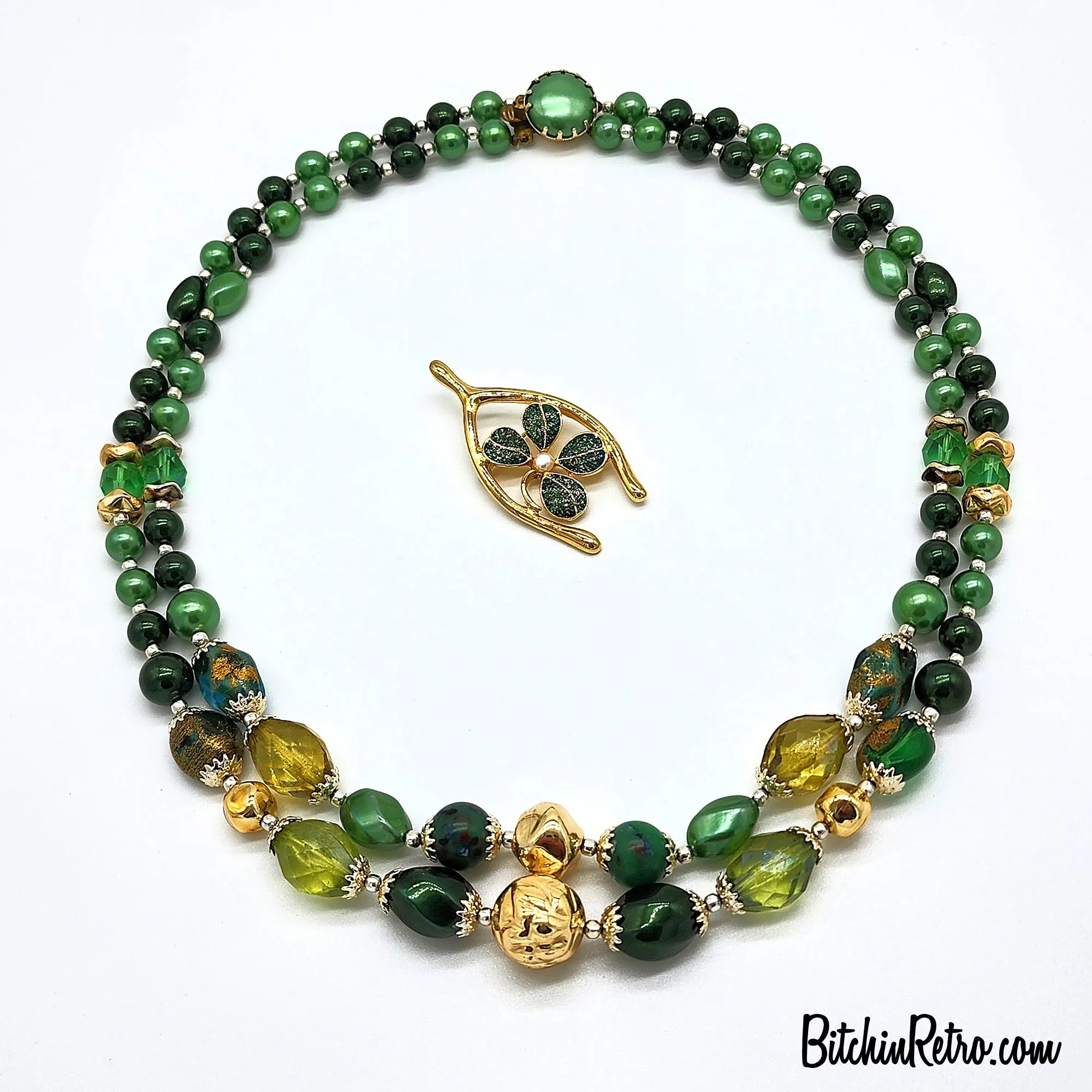 Vintage Japan Beaded Necklace with JJI Lucky Shamrock Brooch