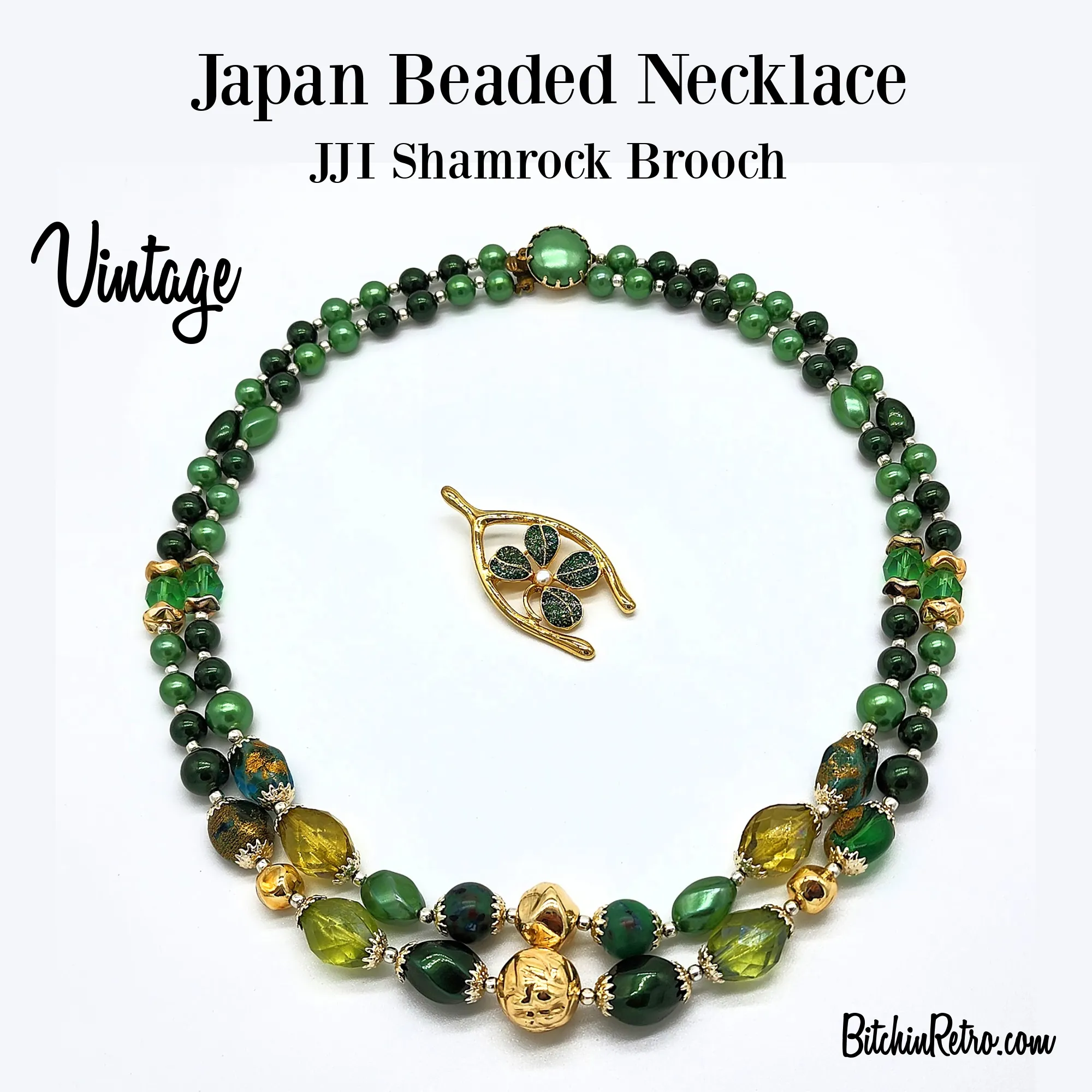 Vintage Japan Beaded Necklace with JJI Lucky Shamrock Brooch
