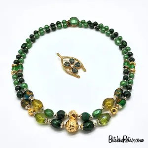 Vintage Japan Beaded Necklace with JJI Lucky Shamrock Brooch