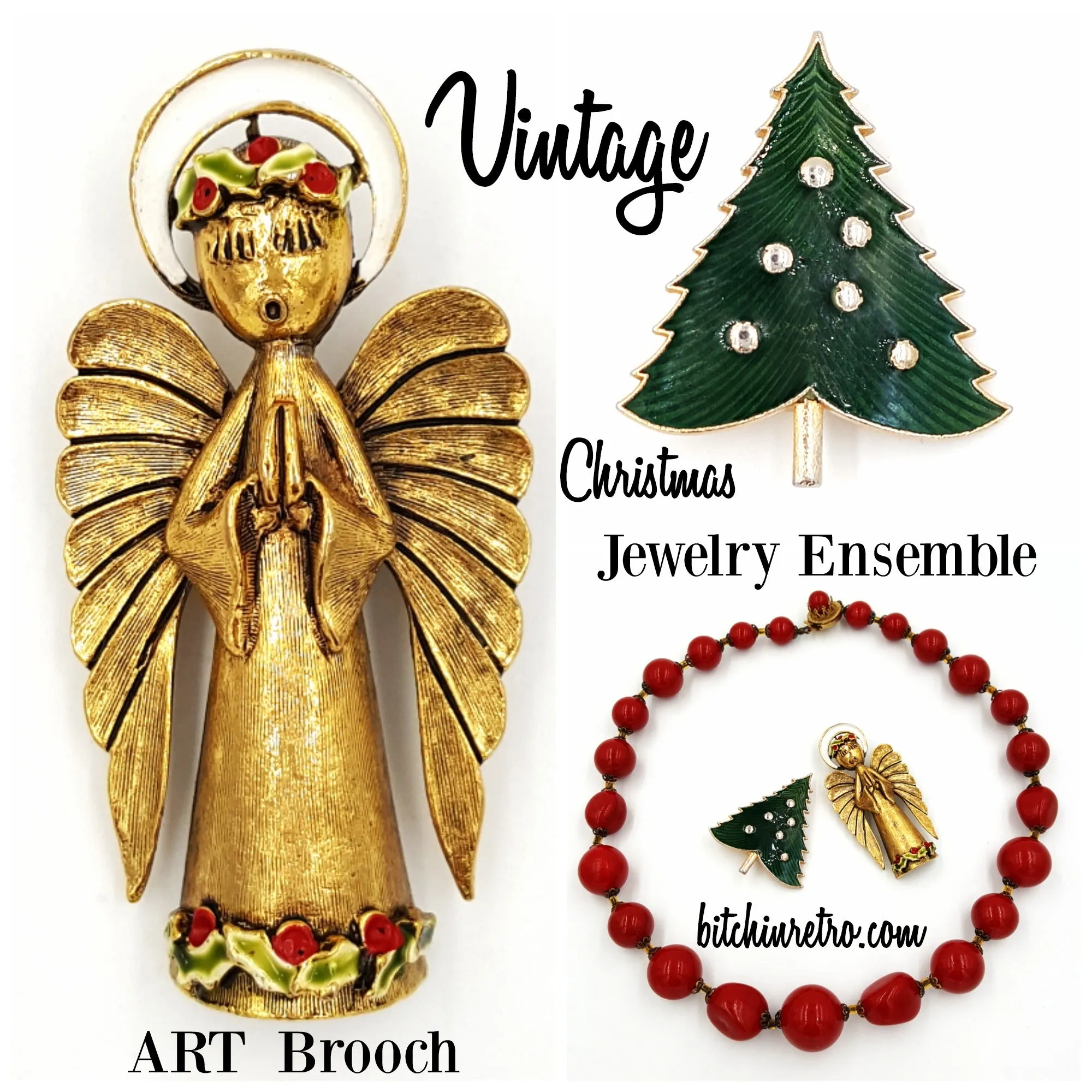 Vintage Jewelry Collection, ART Angel & Christmas Tree Pins, Giuliano Fratti Necklace