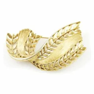 Vintage J.J.Goldtone Ribbon Leaf Brooch 1960S