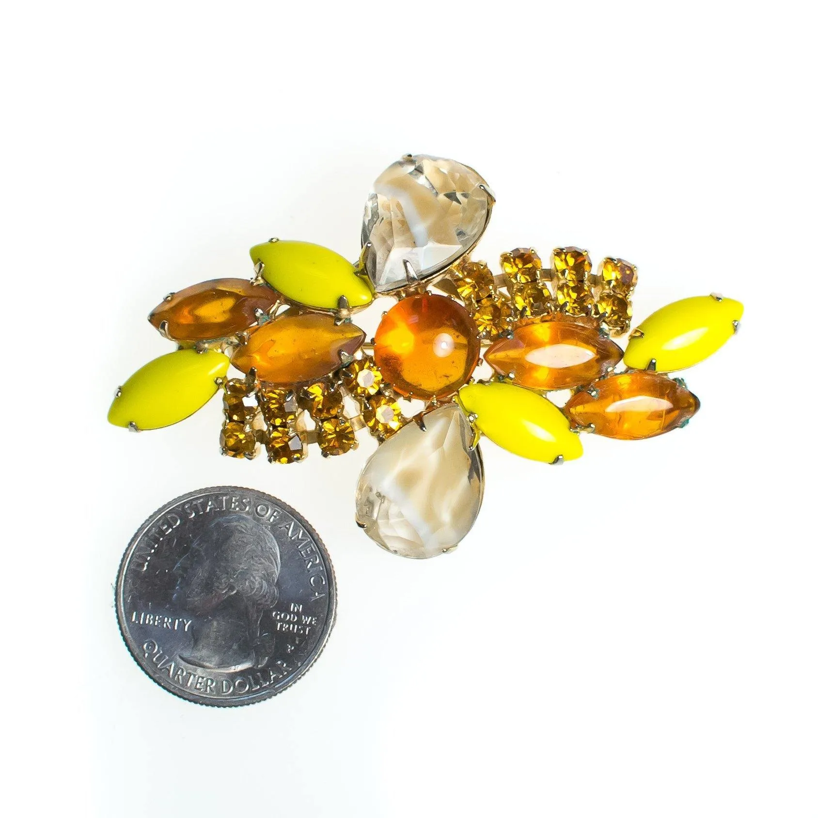 Vintage Juliana Brooch, Yellow Gemstones, Orange Gemstones, Gold Rhinestones, Gold Tone Setting