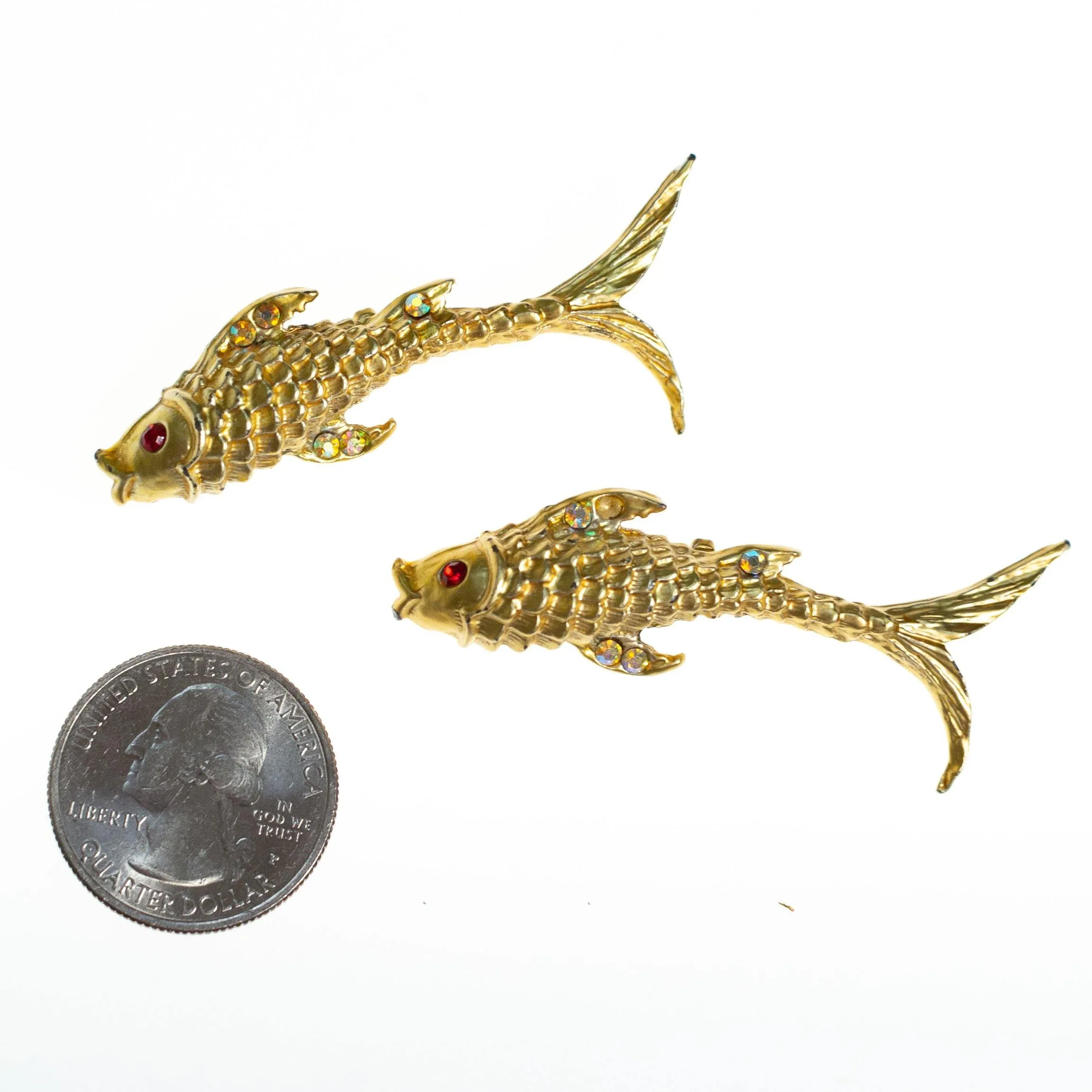Vintage Jumping Koi Fish Scatter Pin Brooch Set, Gold Tone with Rhinestones