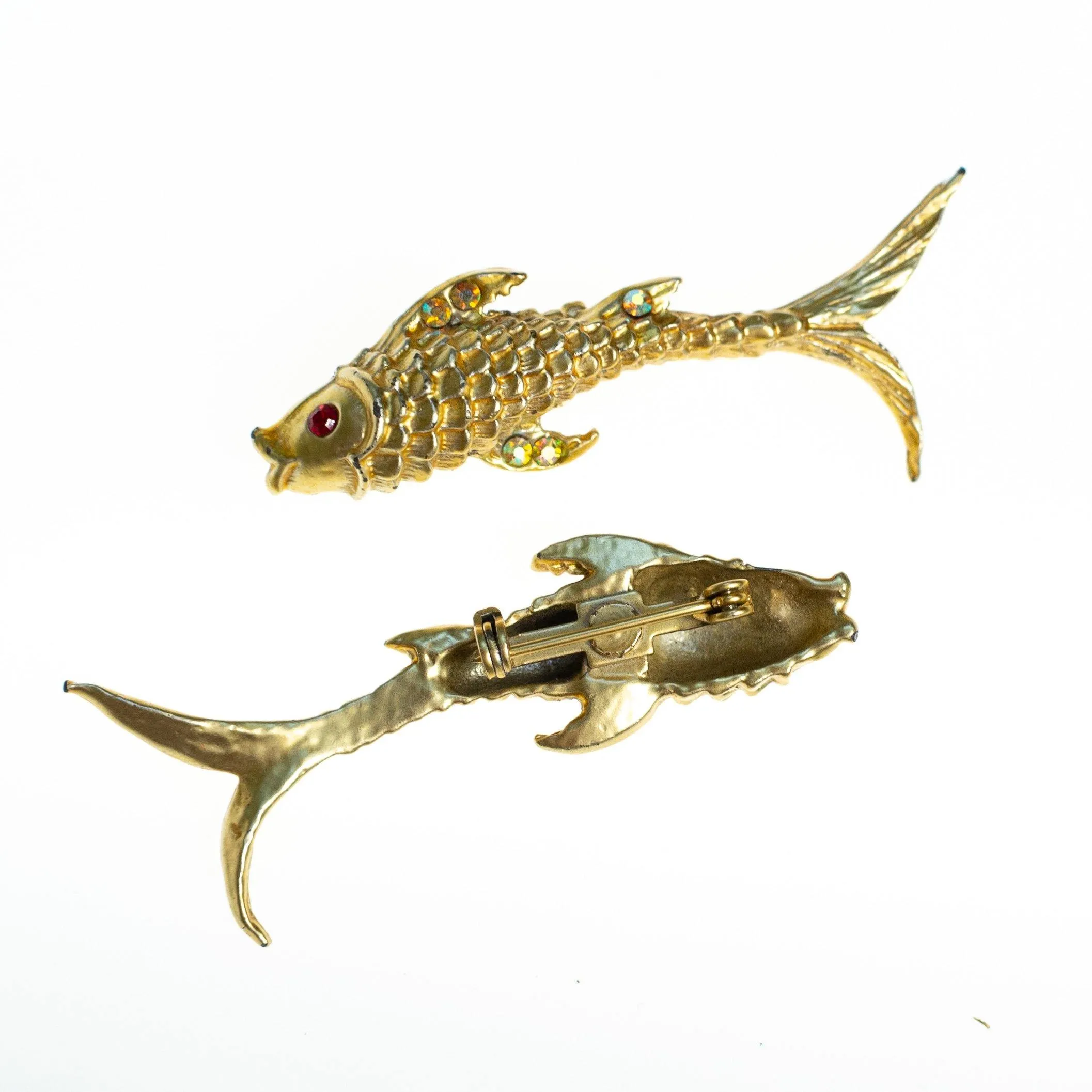 Vintage Jumping Koi Fish Scatter Pin Brooch Set, Gold Tone with Rhinestones